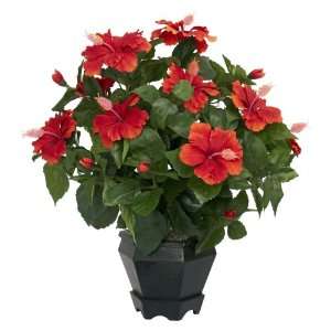   Hibiscus w/Black Hexagon Vase Silk Plant Red Colors   Silk Plant Home