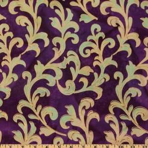  44 Wide Metallic Indian Batik Large Scroll Purple Fabric 