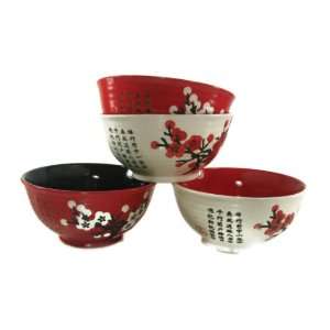 Pc Set Red / White Cherry Blossom Stoneware Japanese Asian Noodle 
