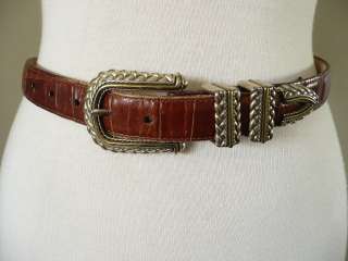   BROWN CROCODILE LEATHER HEAVY SILVER/GOLD BUCKLE 32 NEVER USED  