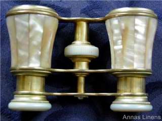 French Antique Opera Glasses Mother of Pearl Brass with Case  