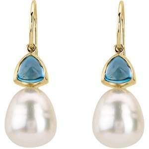   Gold South Sea Cultured Pearl And Genuine London Blue Topaz Earrings