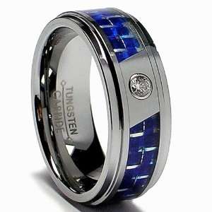 8MM Mens Tungsten Carbide Ring W/ Blue Carbon Fiber Inaly and CZ size 