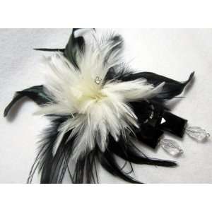   Black and White Feather Hair Clip and Pin with Beads 