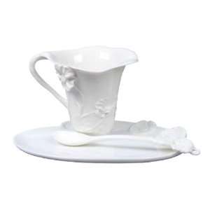  All White Glazed Porcelain Poppy Coffee Set with Spoon