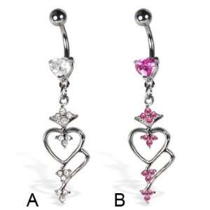  Belly button ring with heart shaped stone and dangle 