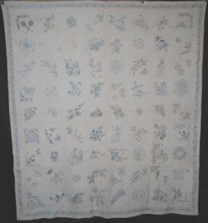   FIGURAL 72 BLOCK PENNY SQUARE QUILT WITH BIRDS CHILDREN ANIMALS  