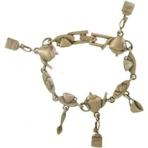 Coffee, Tea Vintage Charm Bracelet, Signed Jj In Pewter