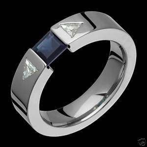Mens Titanium Ring Diamond & Sapphire Wedding Band  