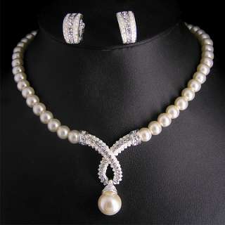 Wedding/Bridal pearl &crystal necklace earring set S254  