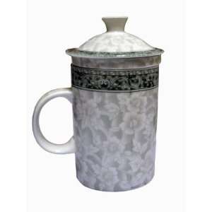   Grey Floral Porcelain Tea Cup with Strainer and Lid 